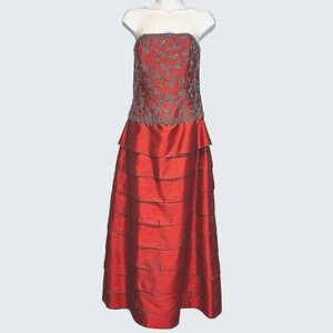 Vtg Red Silk Sparkly Gown Womens 10 (Fits S) Beaded Holiday Formal Ball 90s Glam